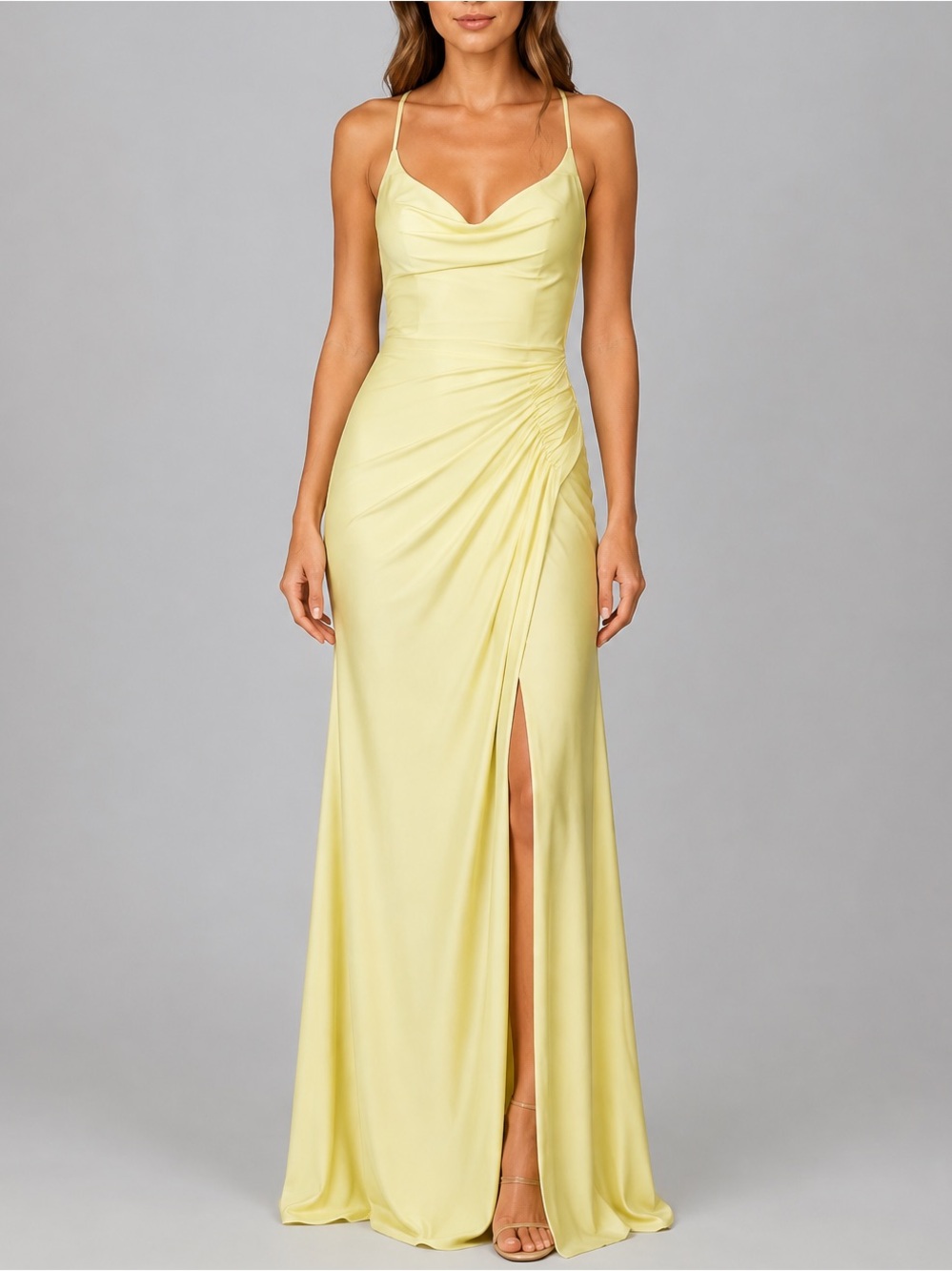 🆕🌼GB Pale Yellow Cowl Neck Lace-Up Back Ruched Slit Maxi Gown Size 5 Prom Party